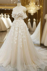 Off Shoulder Light Champagne Tulle Lace Long Evening Prom Dresses, Light Champagne Lace Formal Evening Dresses A1583