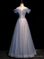 Off Shoulder Puffy Sleeves Beaded Party Dress Prom Dress, Blue Evening Gown