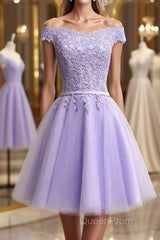 Off Shoulder Purple Lace Short Evening Prom Dresses, Lilac Lace Homecoming Dresses, Short Purple Formal Evening Dresses