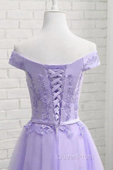 Off Shoulder Purple Lace Short Evening Prom Dresses, Lilac Lace Homecoming Dresses, Short Purple Formal Evening Dresses