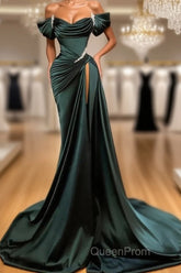 Off Shoulder Satin Green Slit Beading Mermaid Evening Prom Dresses