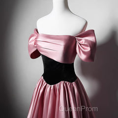 Off Shoulder Satin Scoop A-Line Long Party Dresses, Pink And Black Evening Prom Dresses Evening Dresses