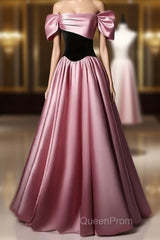 Off Shoulder Satin Scoop A-Line Long Party Dresses Evening Prom Dresses Evening Dresses
