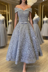 Off Shoulder Tea Length Gray Lace Evening Prom Dresses, Off the Shoulder Gray Homecoming Dresses, Gray Lace Formal Evening Dresses