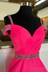 Off Shoulder Tulle Beaded Long Formal Dress, Hot Pink Evening Party Dress