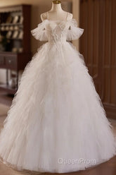 Off Shoulder Tulle Lace Light Champagne Long Evening Prom Dresses, Light Champagne Sweet 16 Dresses