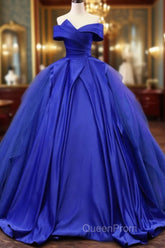 Off Shoulder Tulle Satin Blue Long Evening Prom Gown, Blue Long Evening Dresses