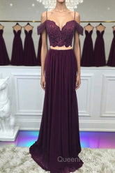 Off Shoulder Two Pieces Purple Lace Long Evening Prom Dresses, 2 Pieces Purple Formal Dresses, Purple Lace Evening Dresses
