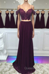 Off Shoulder Two Pieces Purple Lace Long Evening Prom Dresses, 2 Pieces Purple Formal Dresses, Purple Lace Evening Dresses