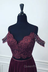 Off Shoulder Two Pieces Purple Lace Long Evening Prom Dresses, 2 Pieces Purple Formal Dresses, Purple Lace Evening Dresses