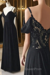Off Shoulder V Neck Black Lace Long Evening Prom Dresses, Off Shoulder Black Formal Dresses, Black Lace Evening Dresses