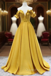 Off Shoulder V Neck Yellow Satin Long Evening Prom Dresses, Off The Shoulder Yellow Formal Dresses, Yellow Evening Dresses