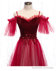 Off Shoulder Wine Red Velvet and Tulle Party Dress, A-line Tulle Floor Length Prom Dress