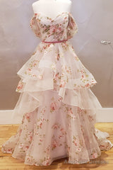 Off the Shoulder A-line Floral Wedding Dress with Ruffle Skirt