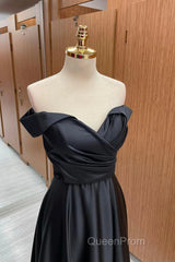 Off the Shoulder Black Satin Long Evening Prom Dresses, Black Off Shoulder Formal Evening Dresses