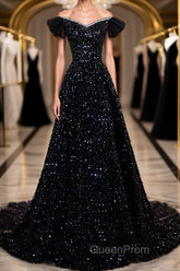 Off the Shoulder Black Sequin Evening Prom Dresses, Black Long Formal Evening Dresses