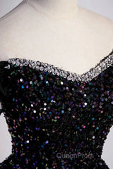 Off the Shoulder Black Sequin Evening Prom Dresses, Black Long Formal Evening Dresses