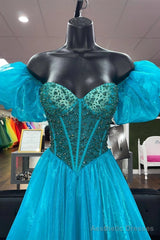 Off the Shoulder Blue Beaded Long Prom Dresses, Blue Beaded Long Formal Evening Dresses