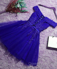 Off the Shoulder Blue Lace Evening Prom Dresses, Off Shoulder Blue Homecoming Dresses, Short Blue Lace Formal Evening Dresses