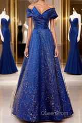 Off the Shoulder Blue Long Evening Prom Dresses, Off Shoulder Long Formal Evening Dresses