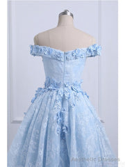 Off the Shoulder Blue Prom Dresses Lace Applique, High Low Prom Dress
