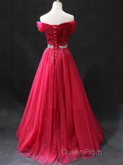 Off the Shoulder Burgundy Evening Prom Dresses with Beaded Belt, Wine Red Long Formal Evening Dresses