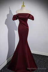 Off the Shoulder Burgundy Satin Long Prom Dresses, Wine Red Mermaid Formal Evening Dresses