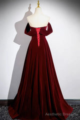 Off the Shoulder Burgundy Velvet Long Prom Dresses, Off Shoulder Wine Red Long Formal Evening Dresses