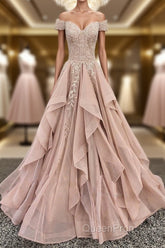 Off the Shoulder Champagne Lace Evening Prom Dresses, Off Shoulder Champagne Lace Formal Evening Dresses