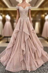 Off the Shoulder Champagne Lace Evening Prom Dresses, Off Shoulder Champagne Lace Formal Evening Dresses