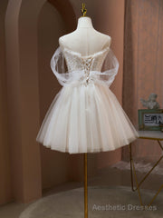 Off the Shoulder Champagne Tulle Prom Dress, Short Formal Homecoming Dress