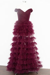 Off the Shoulder Dark Berry Pleated Sheer Tiered Prom Dress