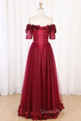 Off The Shoulder Flowers Burgundy Tulle Long Evening Prom Dresses