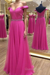 Off the Shoulder Fuchsia Long Evening Prom Dresses with Belt, Off Shoulder Fuchsia Formal Evening Dresses