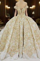 Off the shoulder Golden Lace Appliques Formal Ball Gown Wedding Dresses