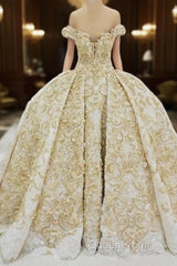 Off the shoulder Golden Lace Appliques Formal Ball Gown Wedding Dresses