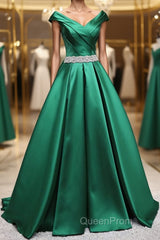 Off the Shoulder Green Long Evening Prom Dresses with Corset Back, Off Shoulder Long Green Formal Evening Dresses