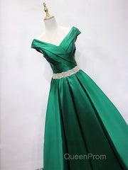 Off the Shoulder Green Long Evening Prom Dresses with Corset Back, Off Shoulder Long Green Formal Evening Dresses