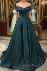 Off The Shoulder Green Long Satin Evening Prom Dresses