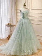 Off The Shoulder Green Tulle Long Evening Prom Dresses