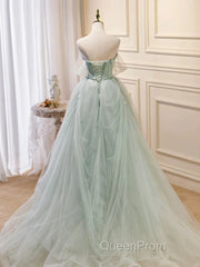 Off The Shoulder Green Tulle Long Evening Prom Dresses