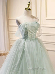 Off The Shoulder Green Tulle Long Evening Prom Dresses, Green Long Formal Evening Dresses