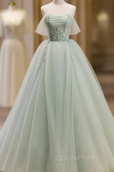 Off The Shoulder Green Tulle Long Evening Prom Dresses, Green Long Formal Evening Dresses