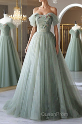 Off the Shoulder Green Tulle Long Evening Prom Dresses, Green Tulle Off Shoulder Formal Evening Dresses