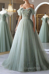 Off the Shoulder Green Tulle Long Evening Prom Dresses, Green Tulle Off Shoulder Formal Evening Dresses