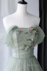 Off the Shoulder Green Tulle Long Evening Prom Dresses, Green Tulle Off Shoulder Formal Evening Dresses