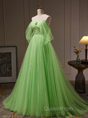 Off The Shoulder Green Tulle Long Evening Prom Dresses, Off Shoulder Green Long Formal Graduation Dresses