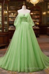 Off The Shoulder Green Tulle Long Evening Prom Dresses, Off Shoulder Green Long Formal Graduation Dresses