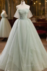 Off The Shoulder Green Tulle Long Evening Prom Dresses