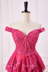 Off The Shoulder Hot Pink Sequin Tiered Evening Prom Dresses With Slit